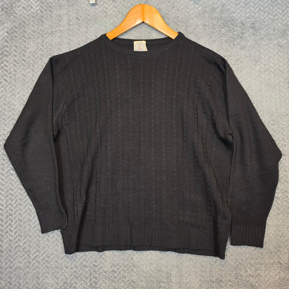 JG Hook Mens Black Pure Virgin Wool Cable Knit Crewneck Sweater Medium Portugal